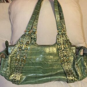 Cole Haan Faux Leather Croc Hobo Bag in Green with Gold Hardware